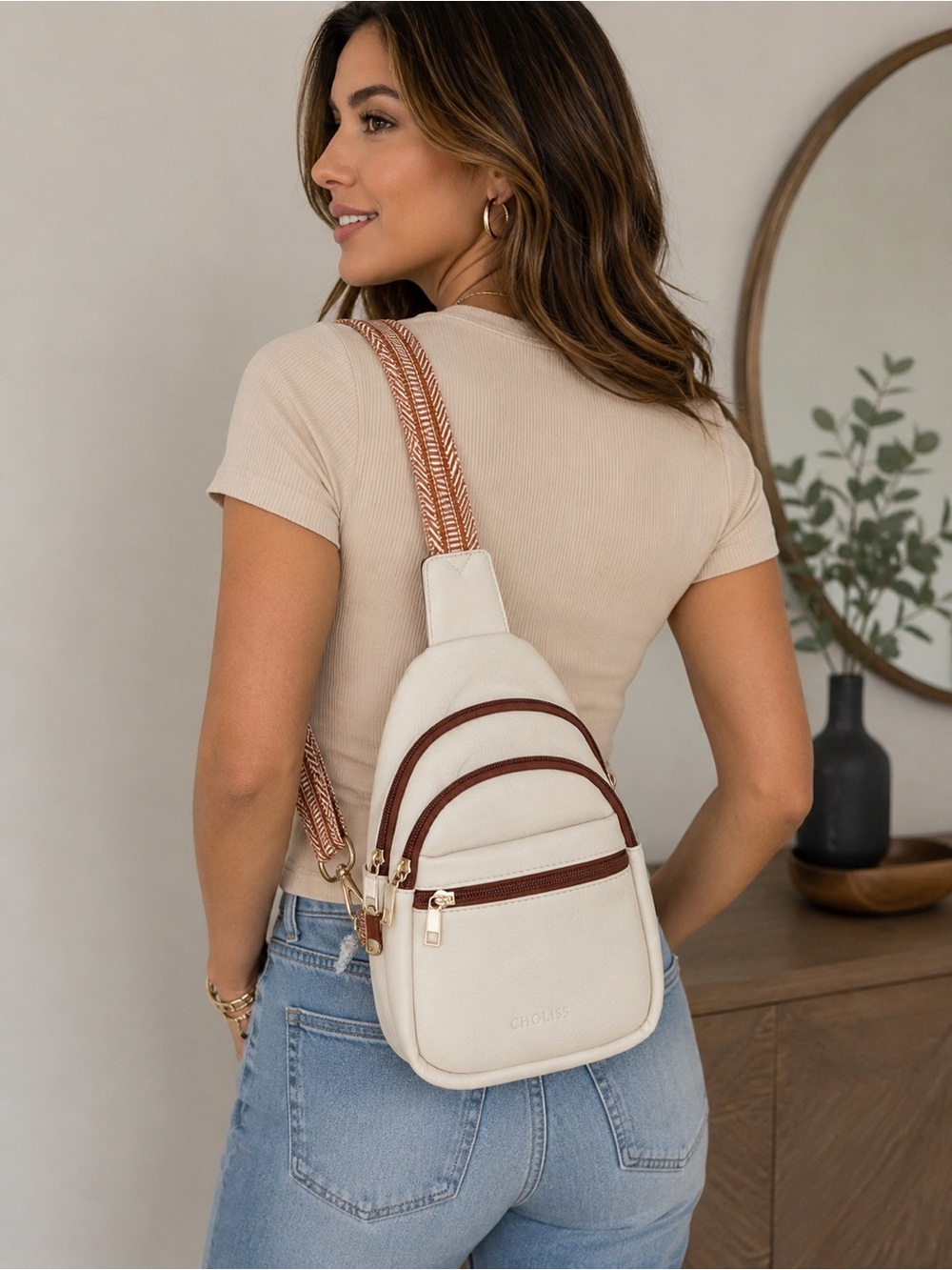 CHOLISS Cream Sling Backpack Crossbody Bag Brown Strap Gold Hardware